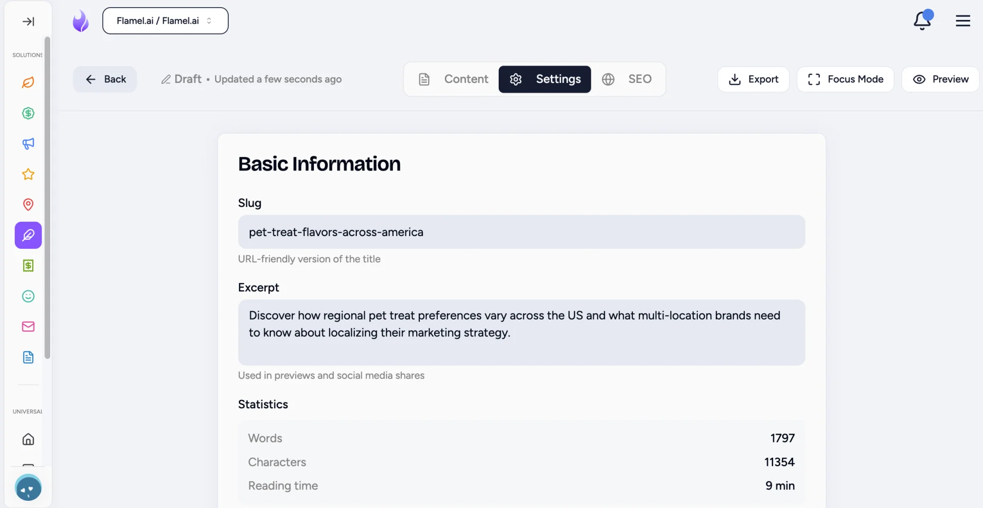 Settings tab of the Blog Editor showing the Slug and Excerpt fields