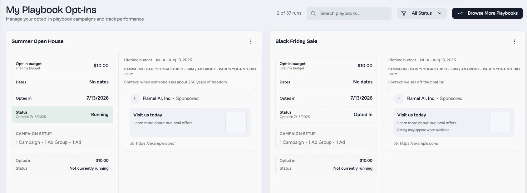 My Playbook Opt-Ins listing joined campaigns with budget, dates and status