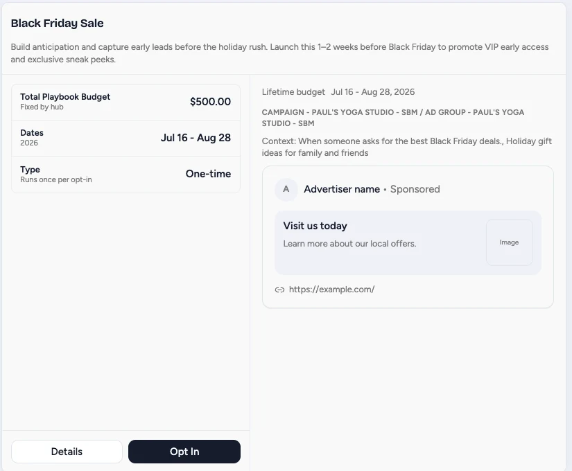 A playbook card in the shop showing budget, dates, campaign type and a preview of the sponsored ChatGPT result