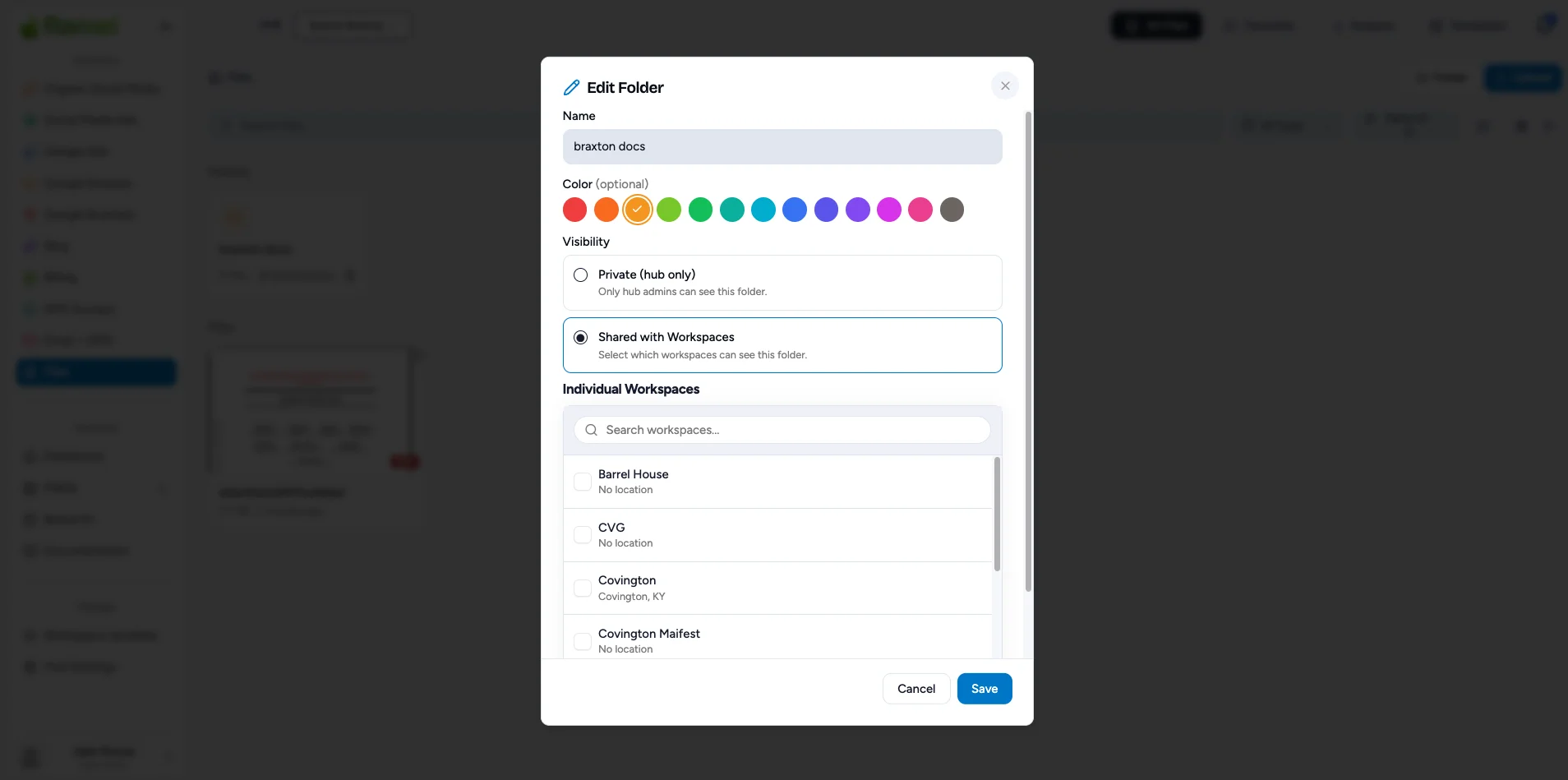 Edit Folder window with Shared with Workspaces visibility and an Individual Workspaces picker