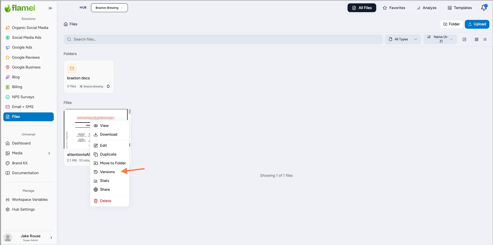 File three-dot menu in Files with the Versions option highlighted