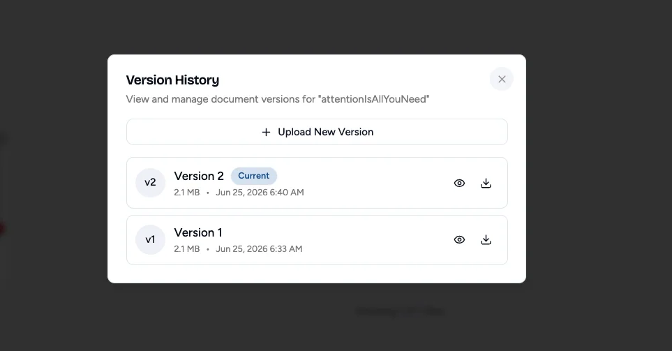 Version History window listing two file versions with an Upload New Version button