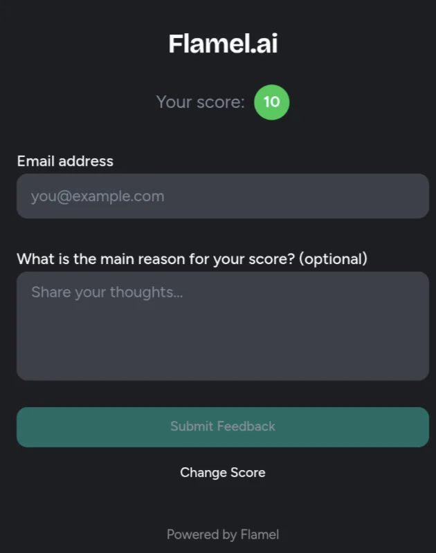 NPS survey follow-up form with an email field and an optional reason for the score