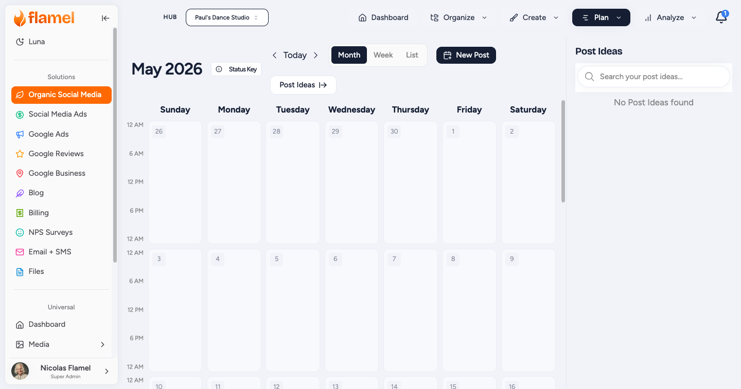 Organic content calendar with scheduled posts across the month