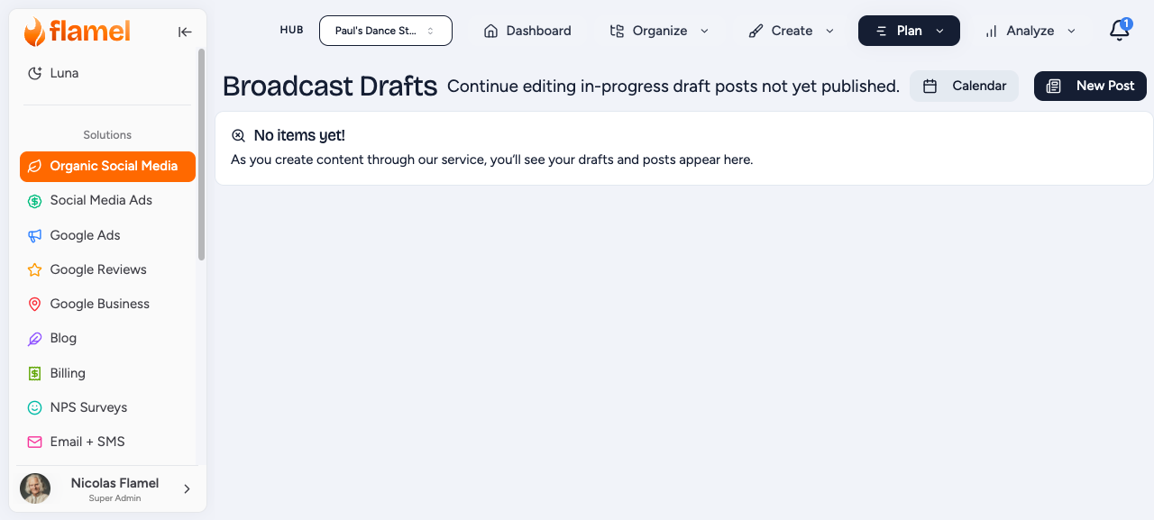 Drafts list with status and edit actions