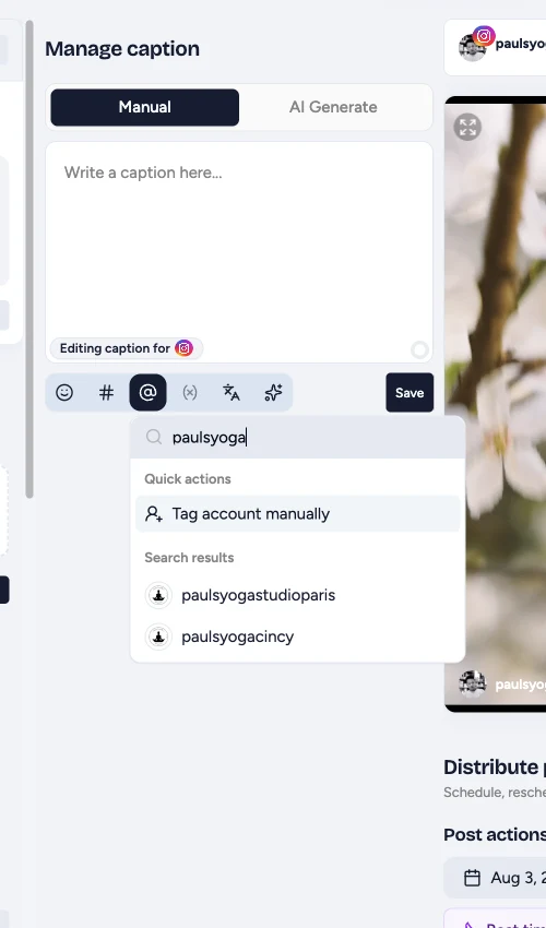 Instagram caption editor with the Mention Accounts picker open for a platform-specific caption