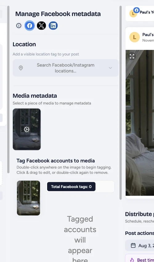 Facebook metadata showing location, media selection, and account tagging controls