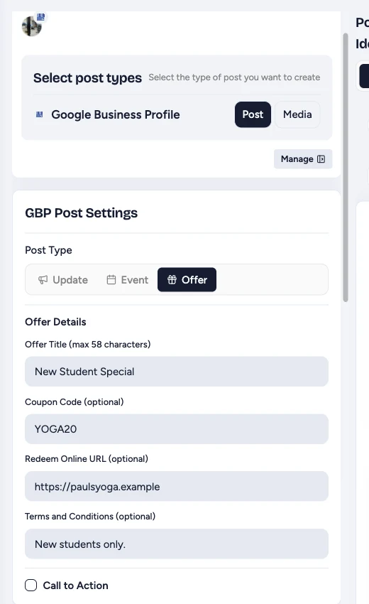Google Business Profile Offer settings with a demo title, coupon code, redemption URL, and terms
