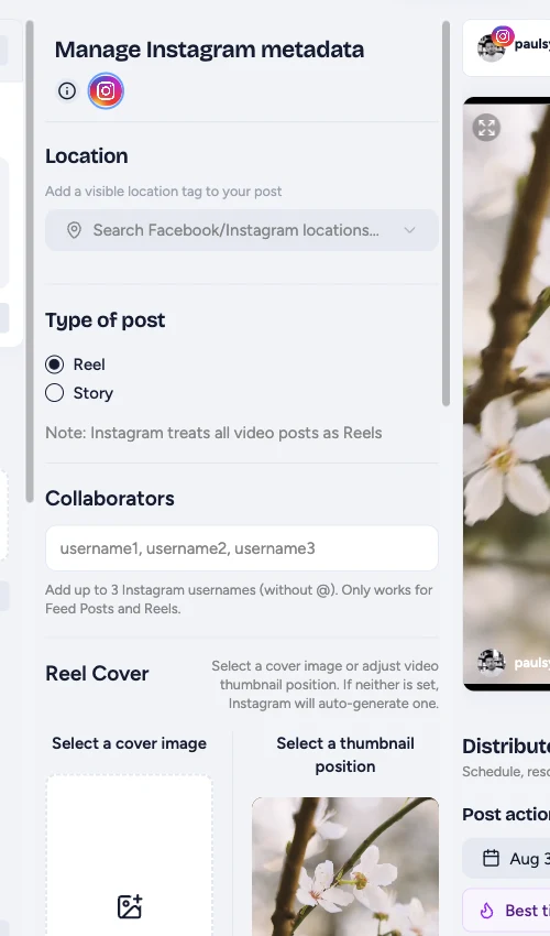 Instagram metadata showing the workspace-only Collaborators field for a Reel