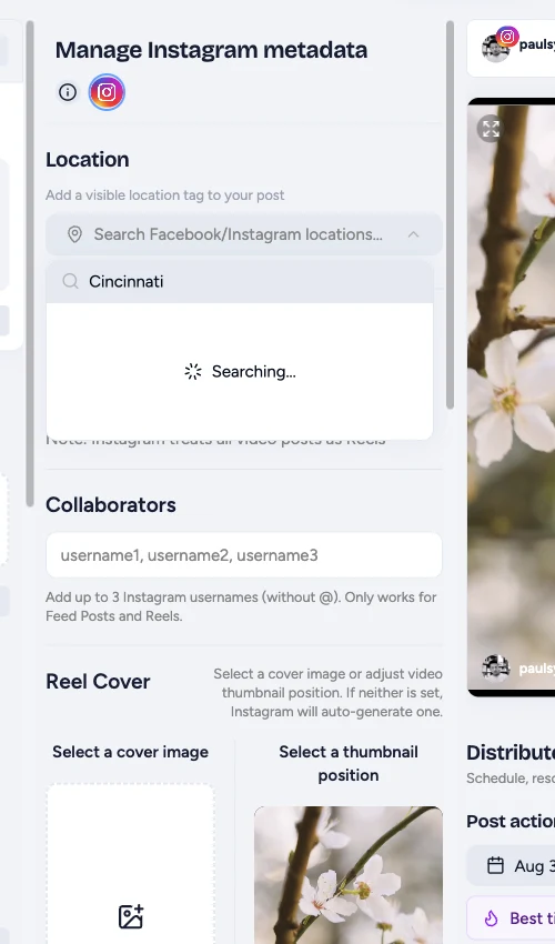 Instagram metadata with the Facebook and Instagram location search open