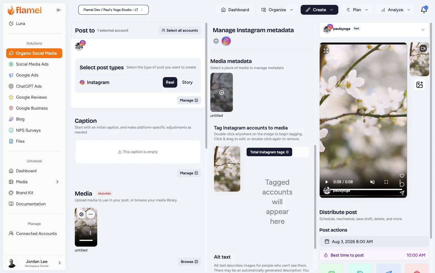 Instagram media metadata in Flamel showing the image tagger, total tag count, and alt text section