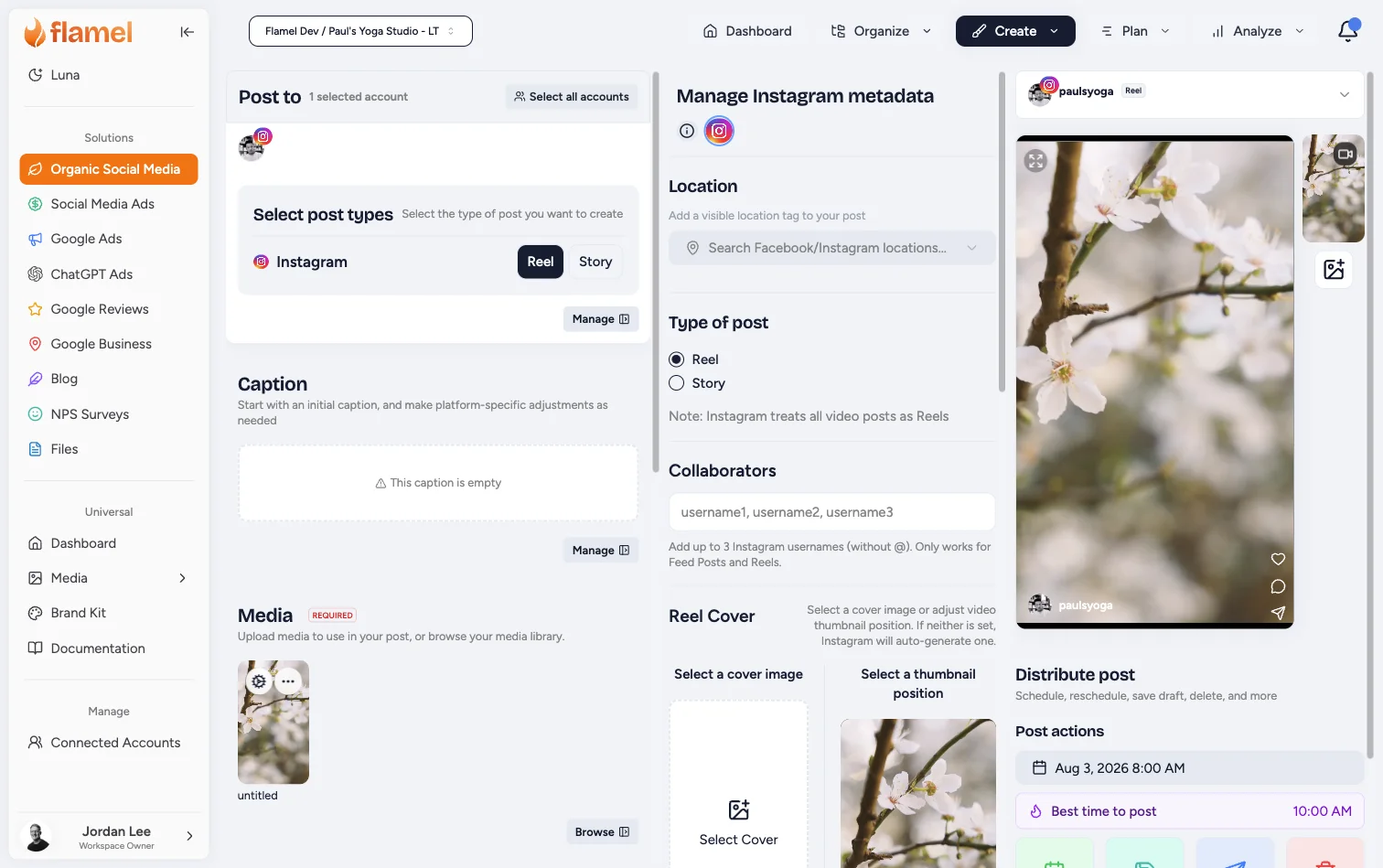 Instagram platform settings in the Flamel Post Editor, including post type, collaborators, and Reel cover controls