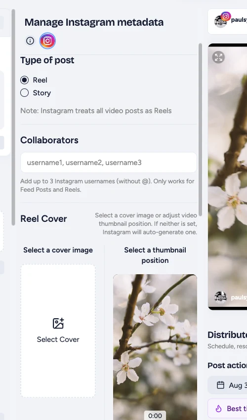 Instagram Reel cover controls for choosing an image or video thumbnail position
