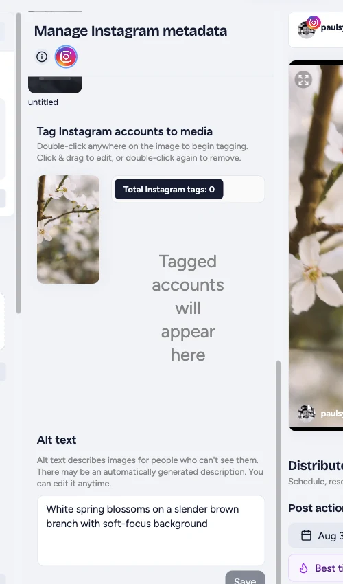 Editable alt text for an Instagram media item in the Post Editor