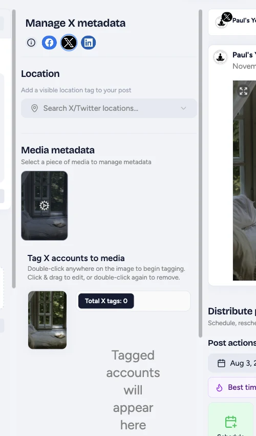 X metadata showing location and media account tagging controls