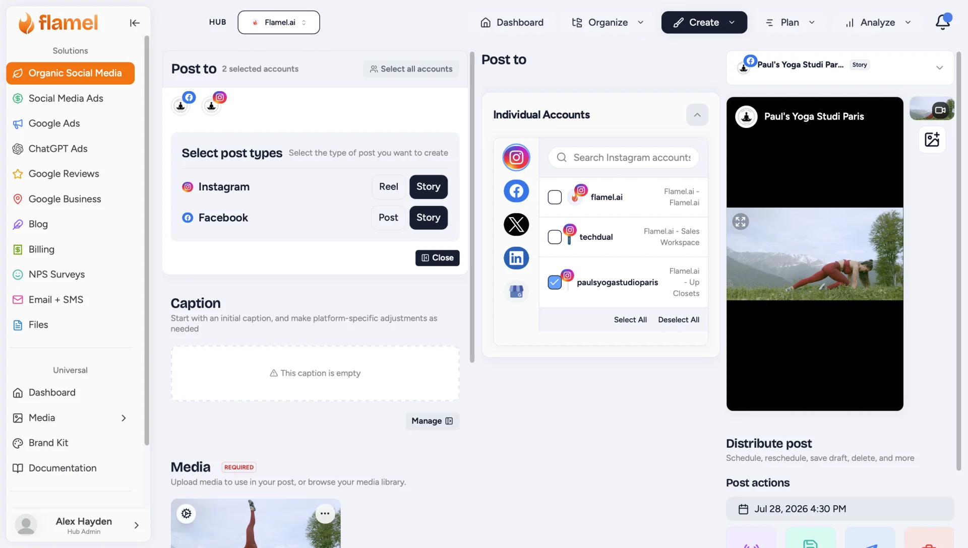 Post Editor with Story selected for Instagram and Facebook and a vertical Story preview