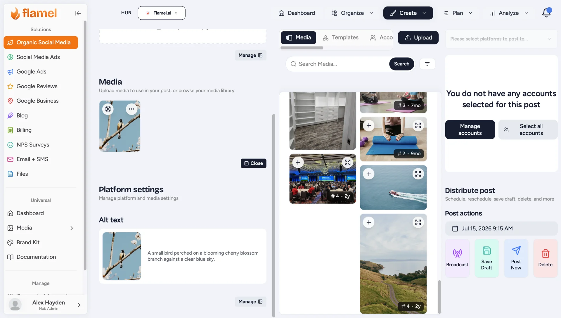 Post editor with selected media and the Alt text field under Platform settings