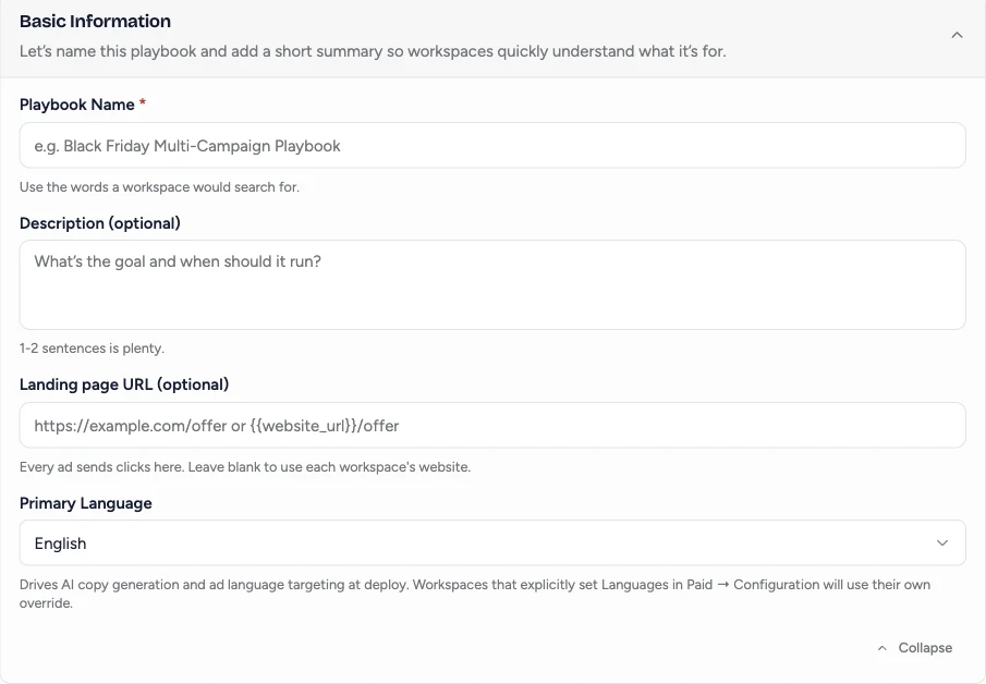 Playbook Basic Information with the Landing page URL field, accepting a full address or a template such as {{website_url}}/offer