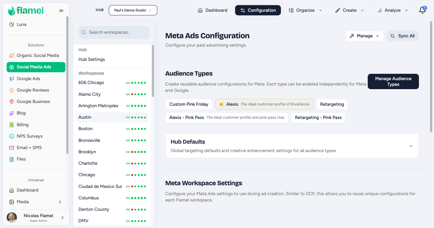 Ad Configuration table a workspace owner reviews and completes