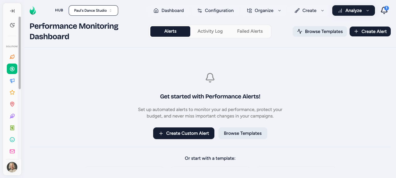 Paid ads alerts list and configuration