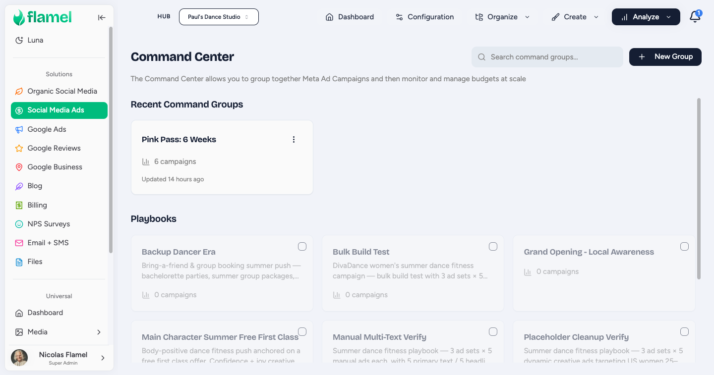 Command Center showing campaigns across workspaces with bulk controls