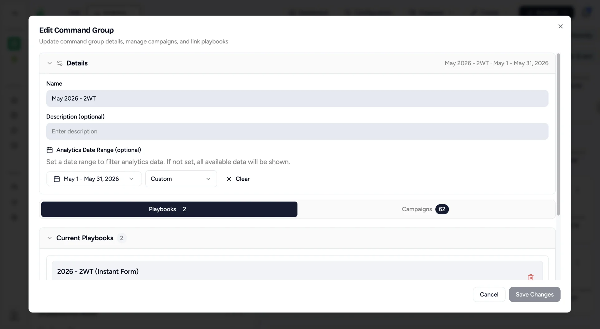 Edit Command Group dialog with name, analytics date range, and Playbooks and Campaigns tabs