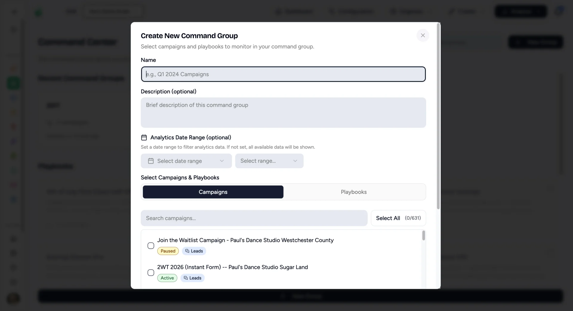 Create New Command Group dialog with Name, Description, Analytics Date Range and campaign list