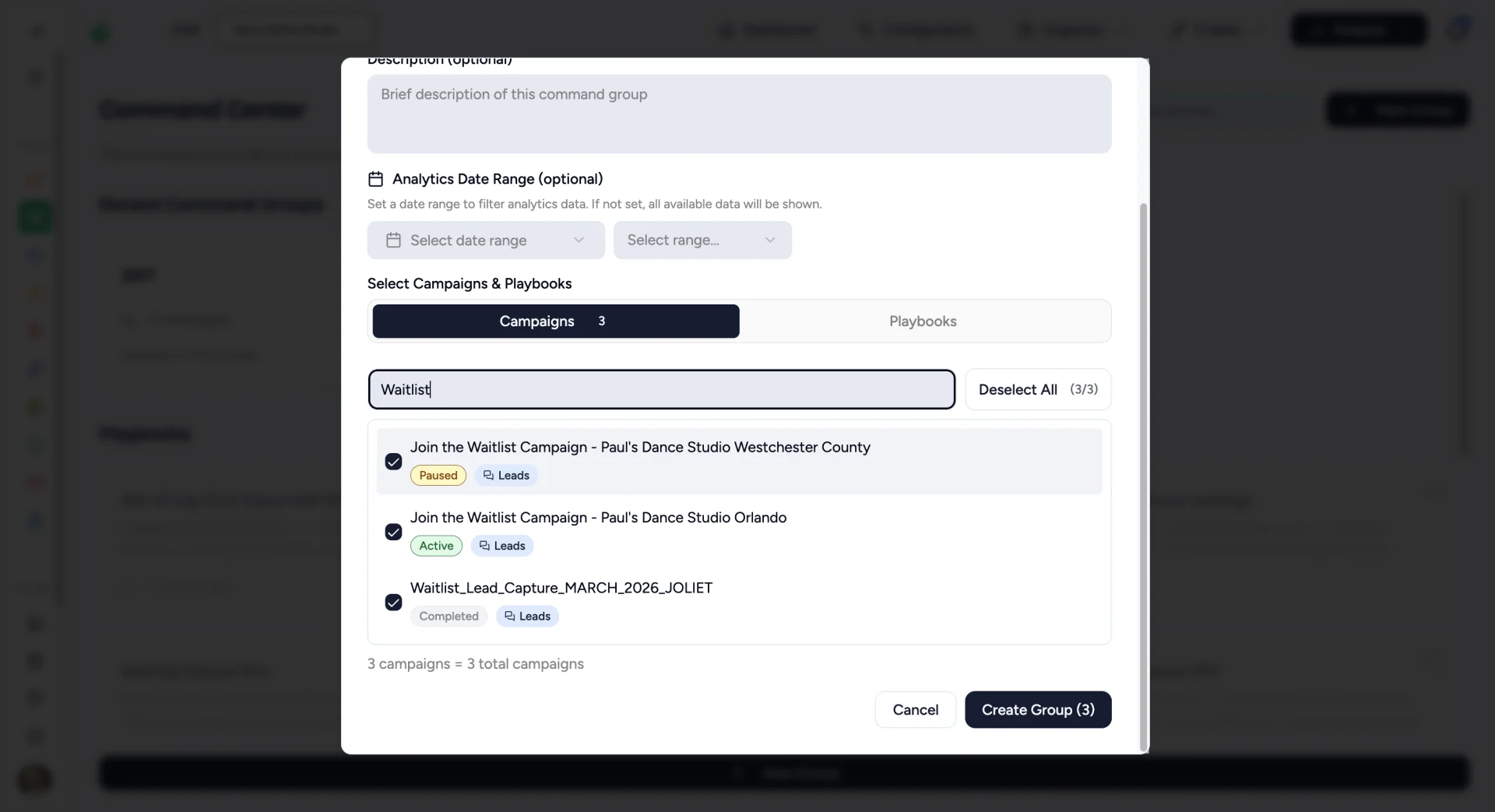Campaign search for Waitlist with three campaigns selected and the Create Group button