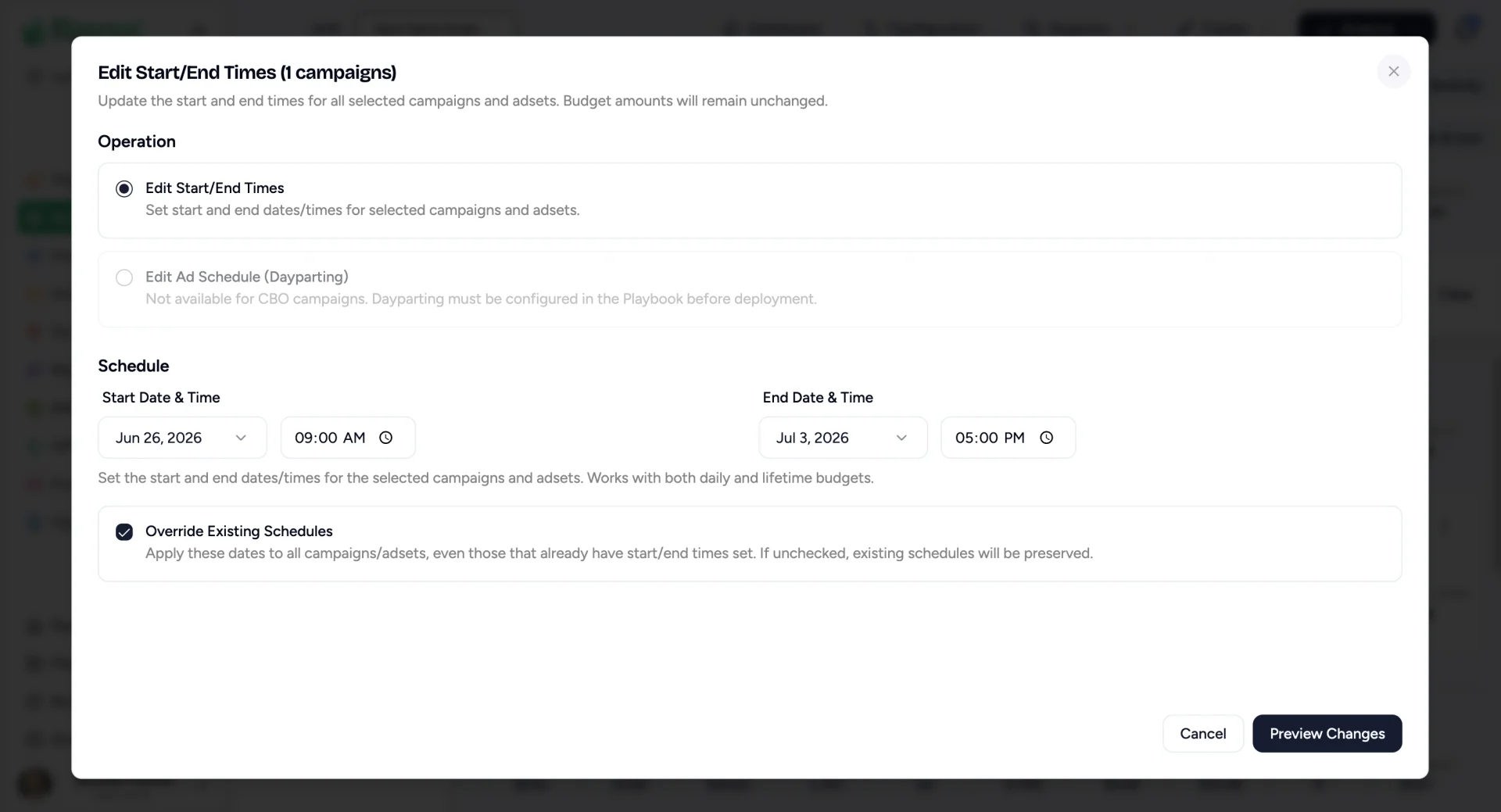 Edit Start/End Times dialog with start and end date and time pickers and Override Existing Schedules