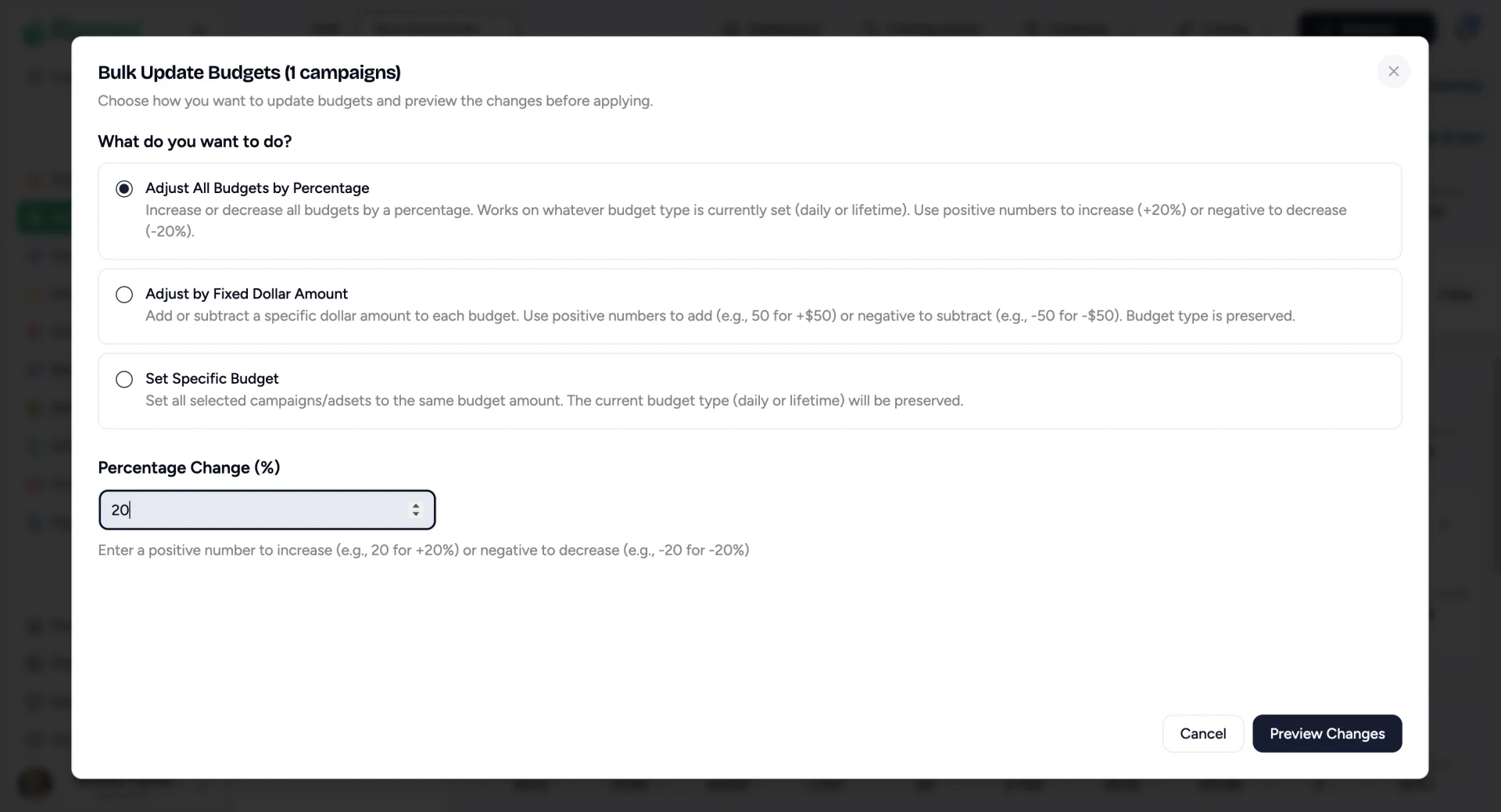 Bulk Update Budgets dialog with percentage, fixed dollar, and specific budget options and a 20% change