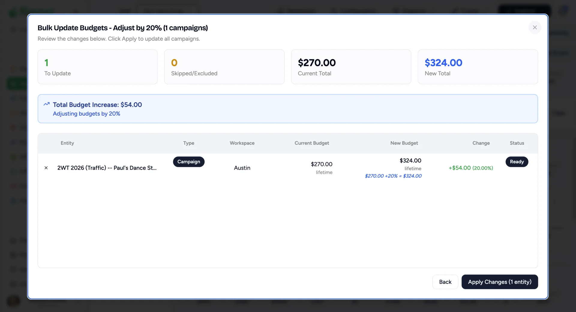 Budget change preview showing current and new budget per campaign with an Apply Changes button