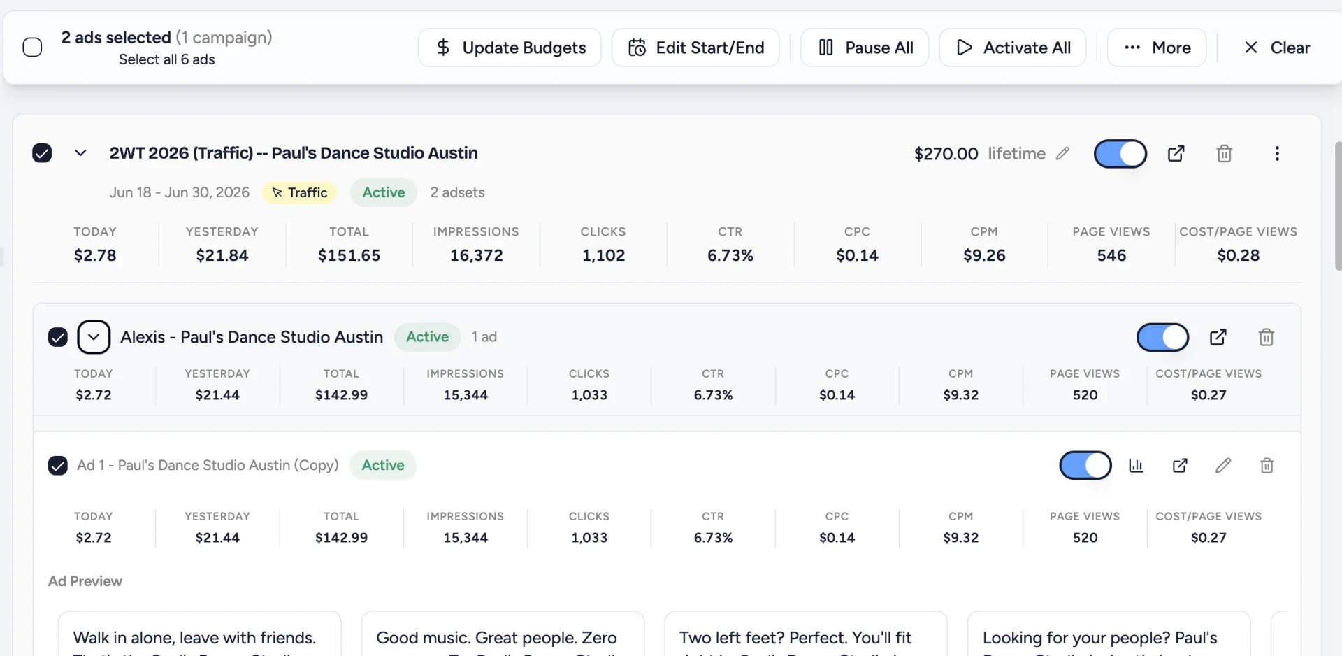 Bulk action bar with Pause All and Activate All, plus campaign, ad set, and ad toggles