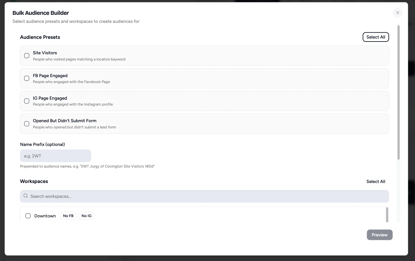 Bulk Audience Builder dialog with four audience presets, an optional name prefix, and a workspace picker
