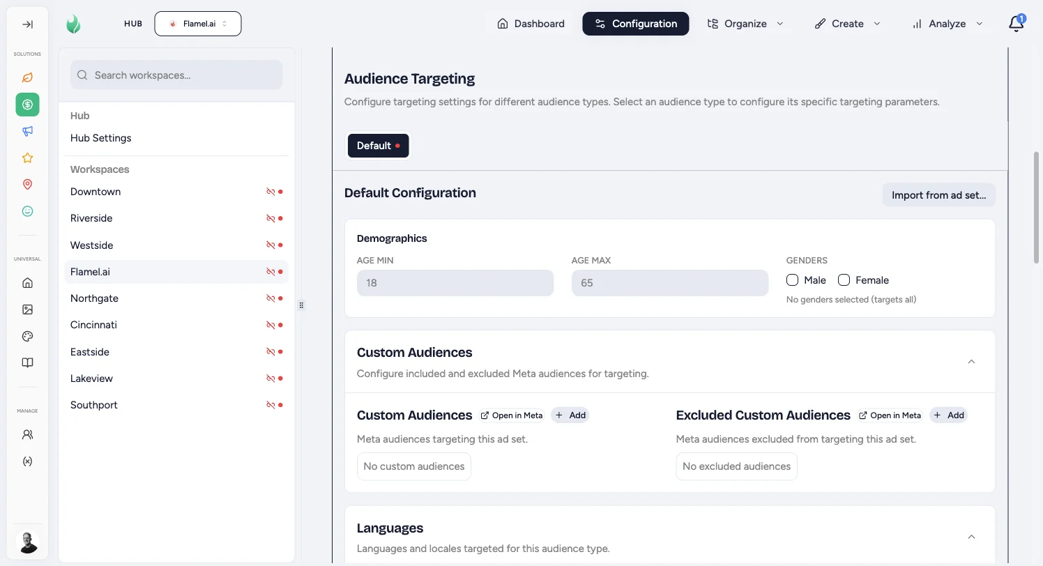 Custom Audiences and Excluded Custom Audiences sections with Open in Meta and Add controls