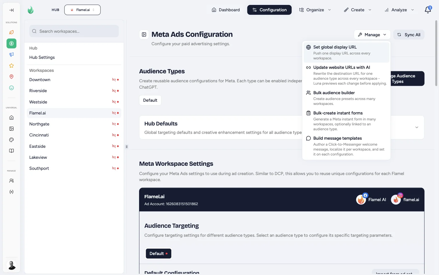 The Manage actions menu on Meta Ads Configuration showing Bulk audience builder among the bulk actions
