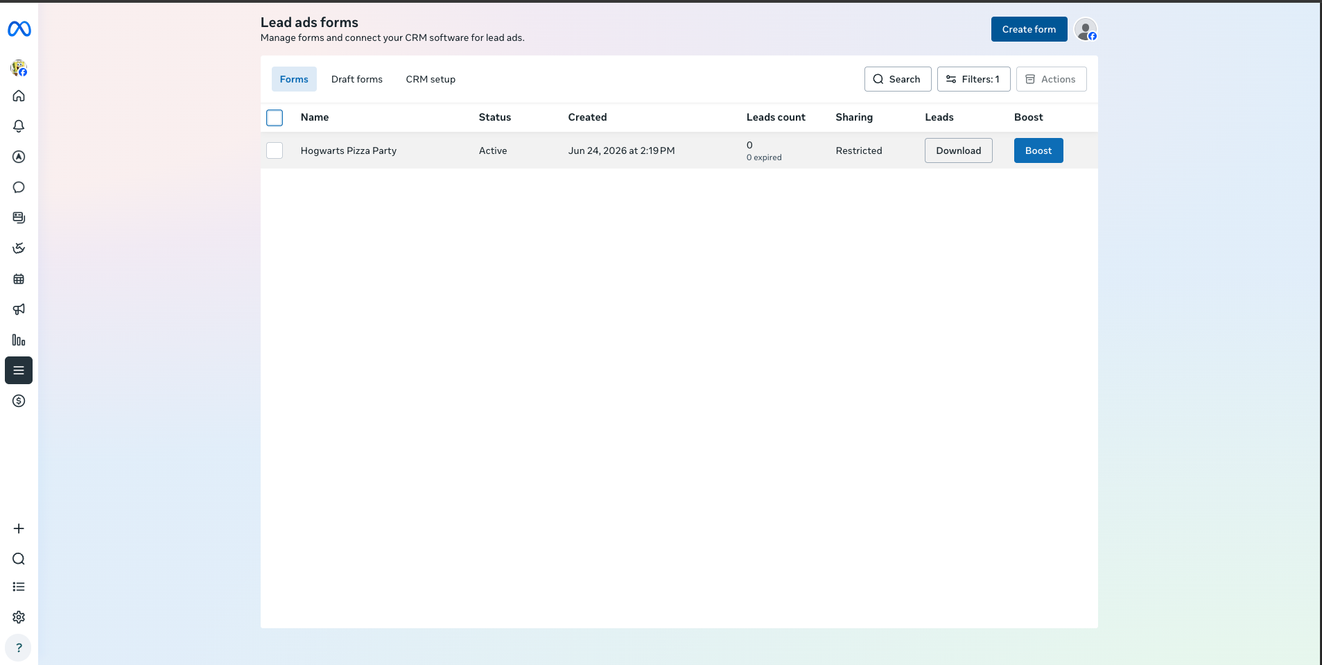 Lead forms configuration