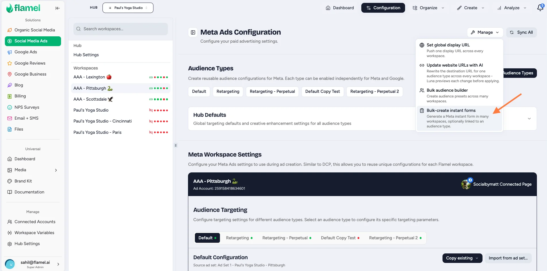 Meta Ads Configuration Manage menu with the Bulk-create instant forms option highlighted