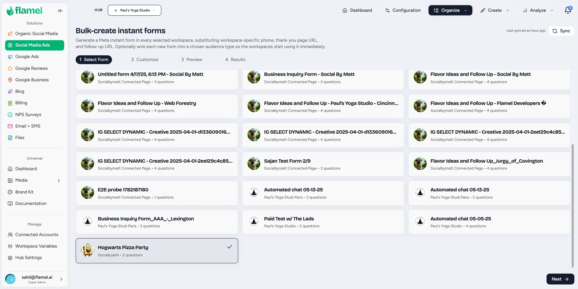 Bulk-create instant forms Select Form step with a source form selected from the synced list