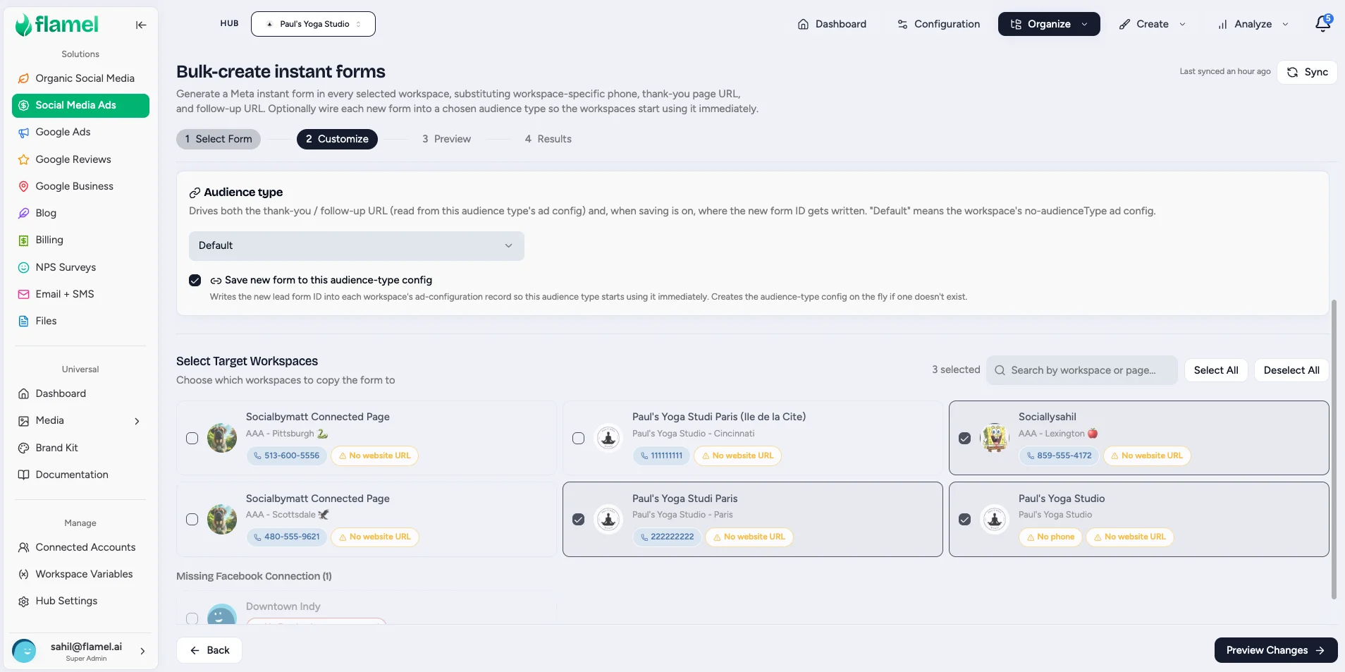 Customize step with the audience type dropdown and target workspace selection