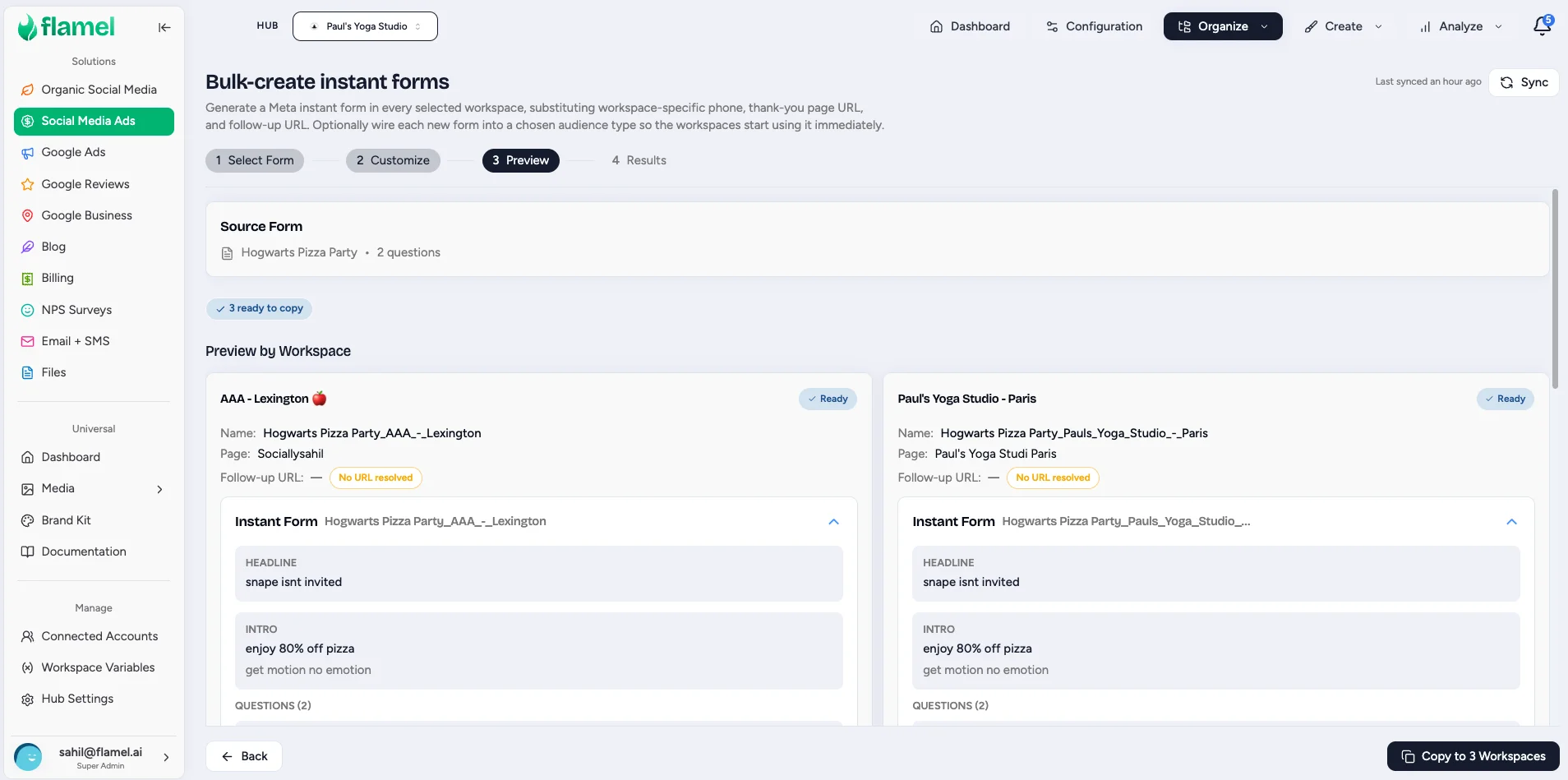 Preview step showing each workspace's form copy and the Copy to 3 Workspaces button