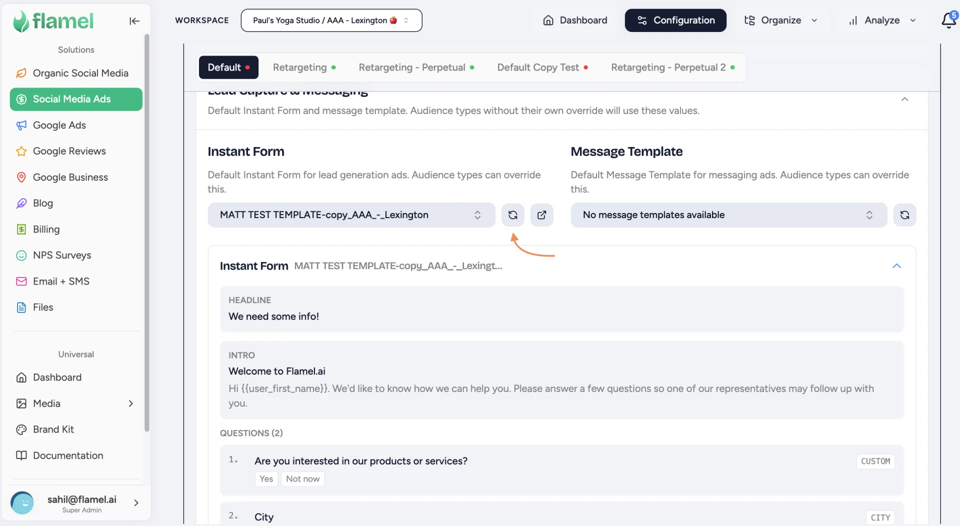 Workspace Instant Form selector with the sync button and a preview of the selected form