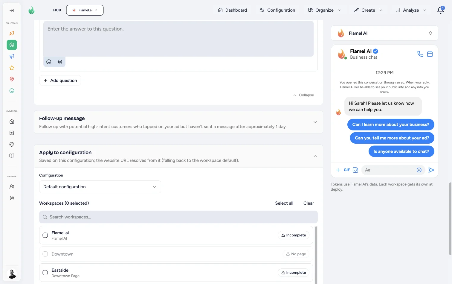 Apply to configuration section with a configuration picker and a workspace list showing readiness badges