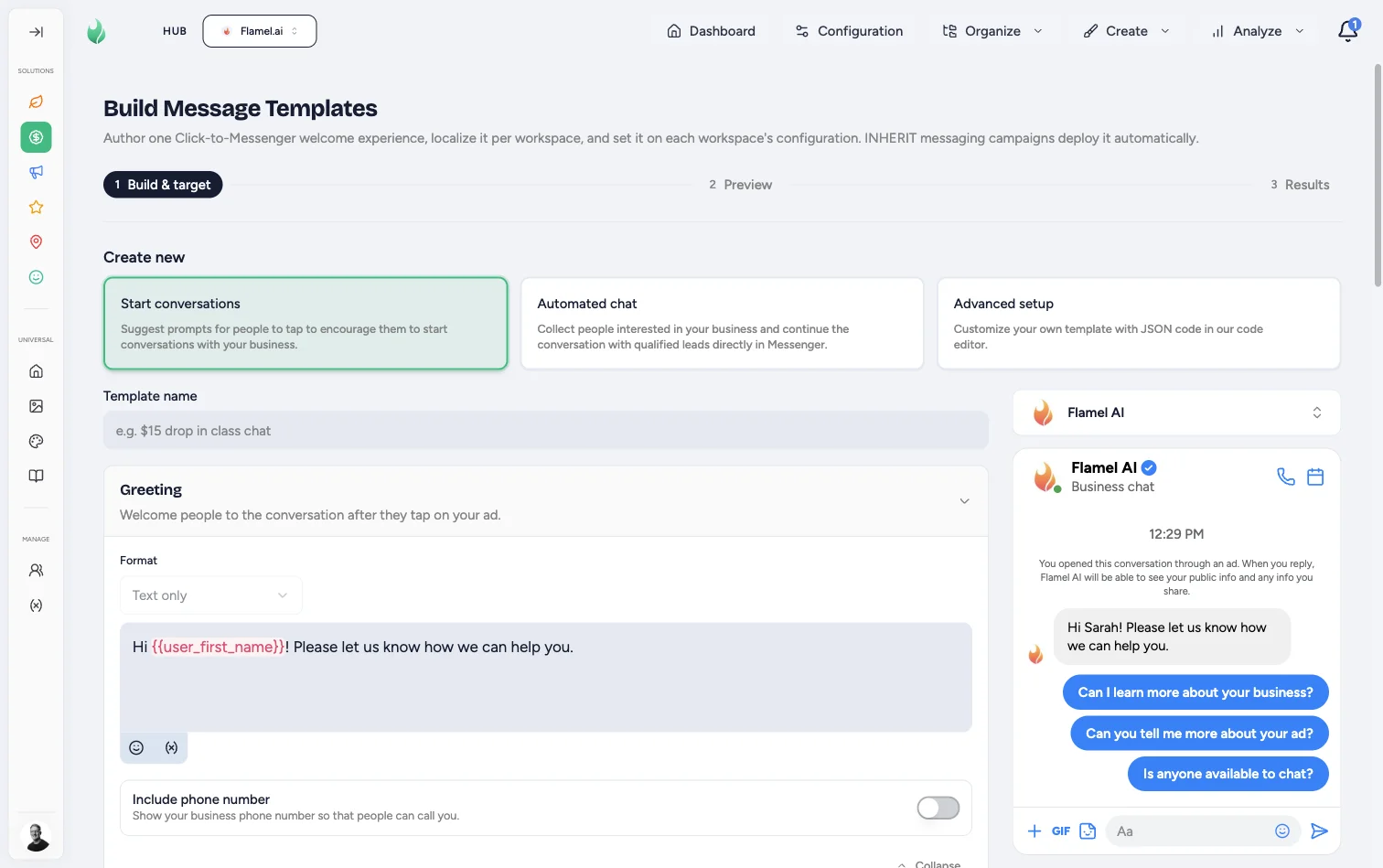 Build Message Templates screen showing the three creation paths and the greeting editor with a live Messenger preview
