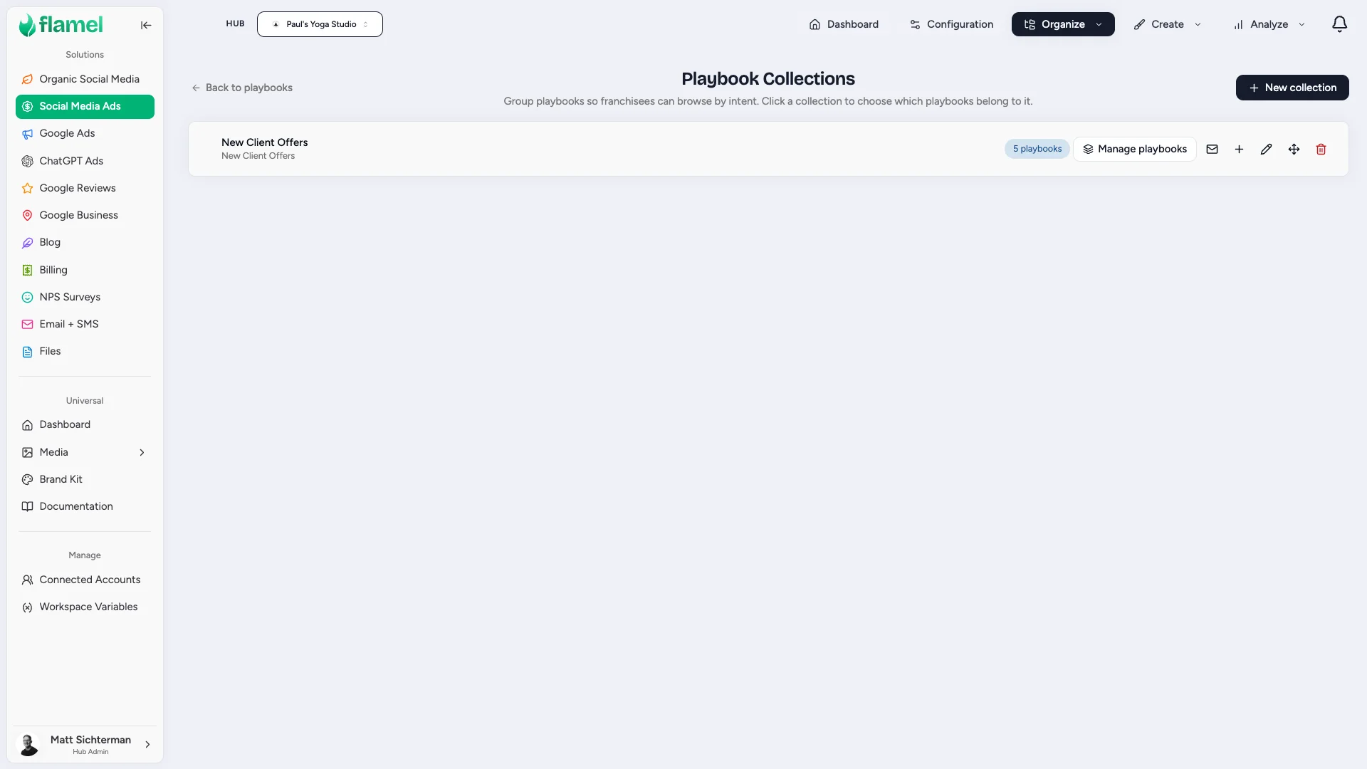 Playbook Collections screen listing a collection with its playbook count and Manage playbooks button
