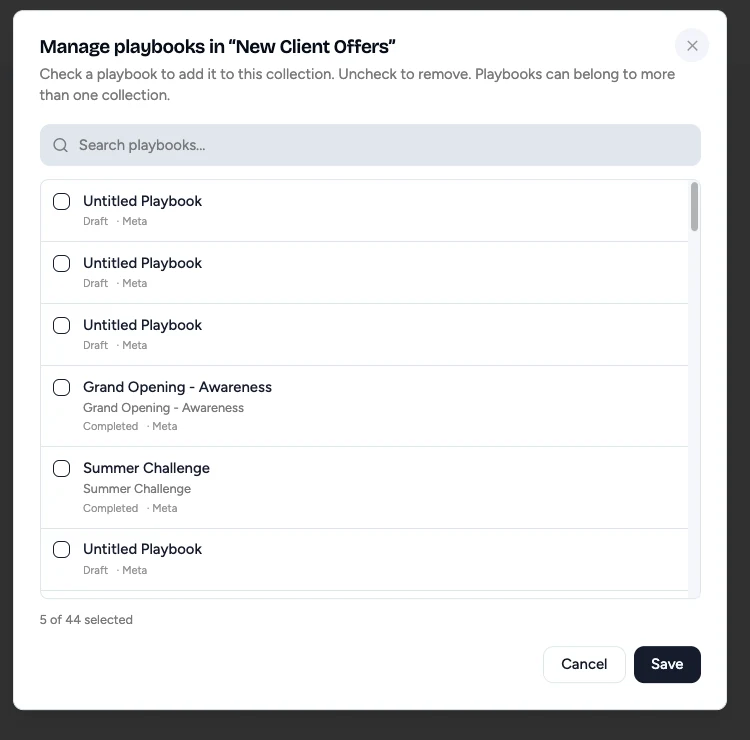 Manage playbooks dialog with a searchable checklist of playbooks and a selected count