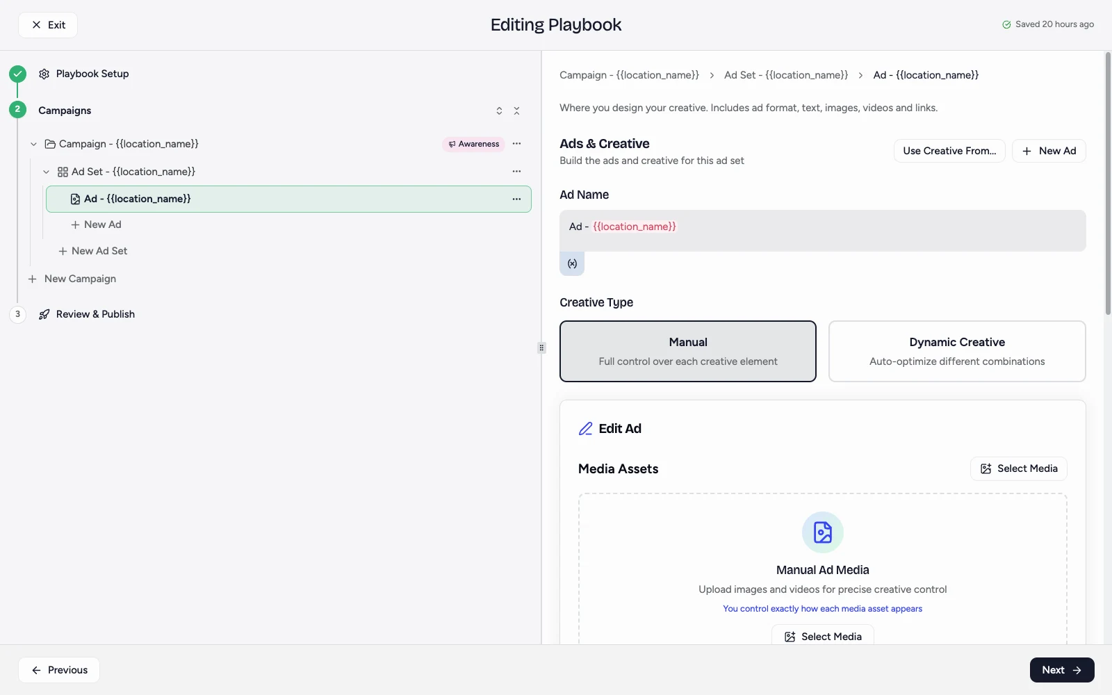 The Creative Type control showing the Manual and Dynamic Creative options in the Ads and Creative panel