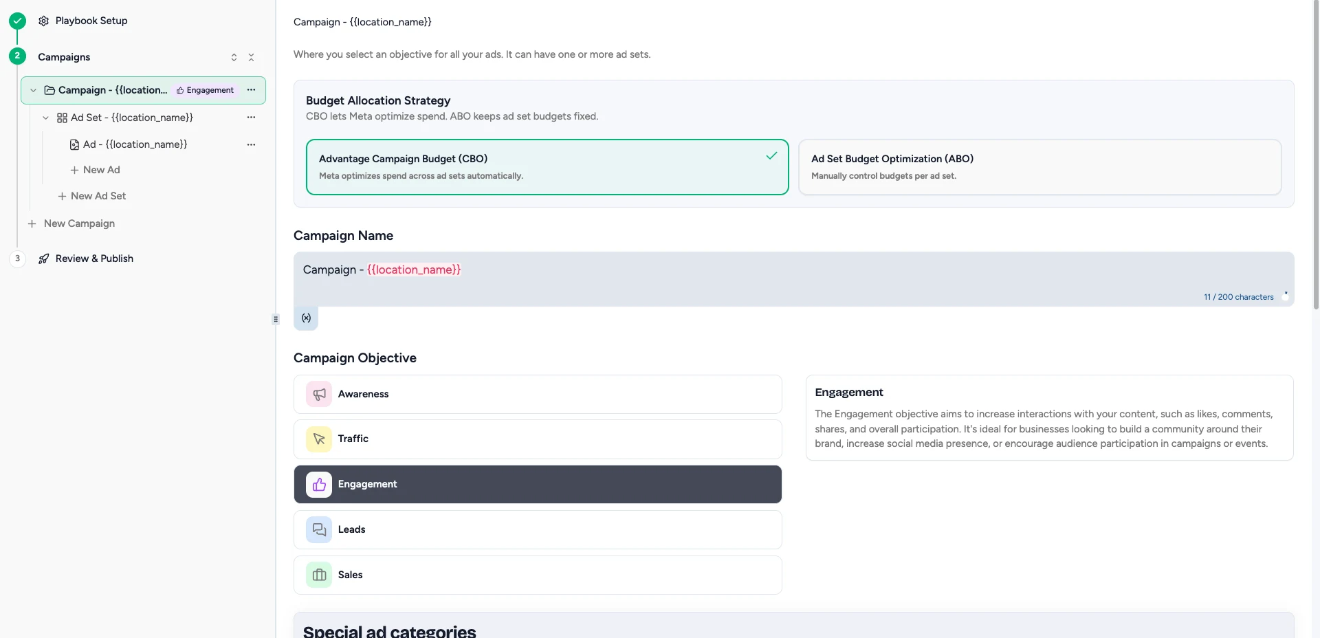 Campaign Objective picker with Engagement selected and its description shown alongside
