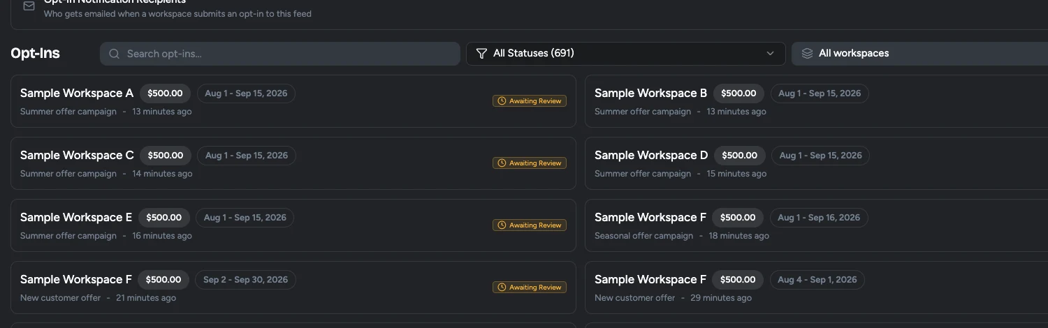 Hub Opt-Ins queue with search, status and workspace filters, and submissions awaiting review
