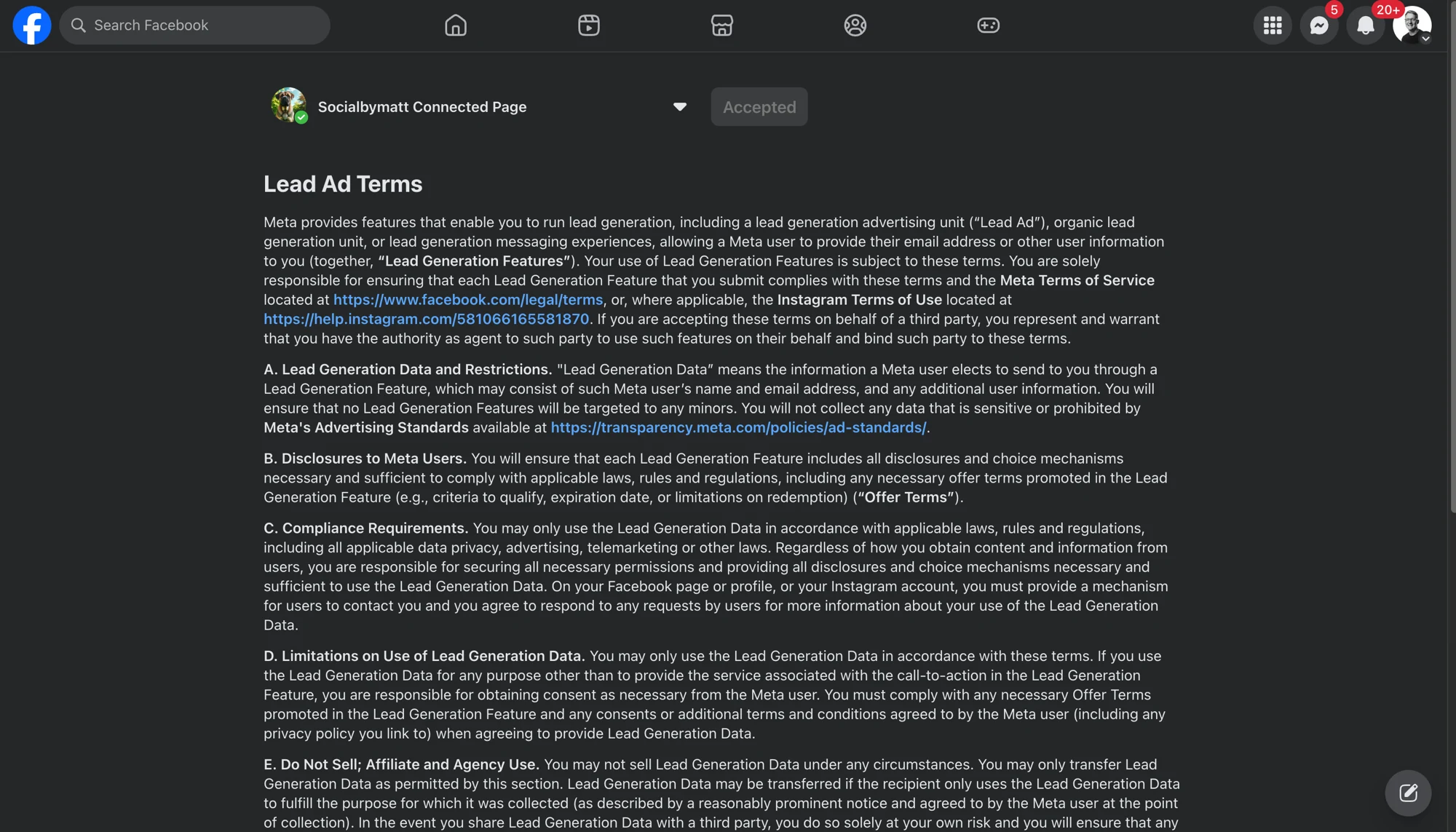 Accepting Meta's Lead Ad Terms for a Page