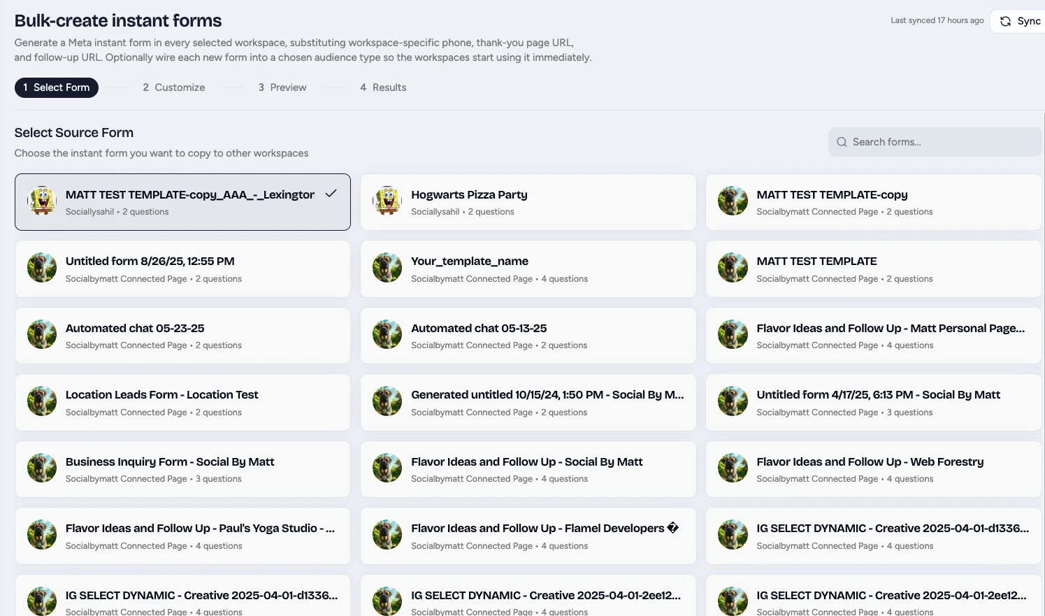 Bulk-create instant forms Select Source Form step with one Instant Form selected